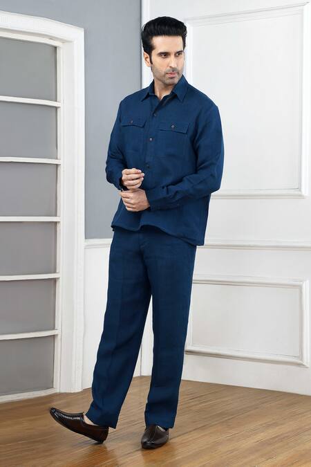 Gothilo Blue Linen Indigo Pocket Shirt at Aza Fashions Gothilo_Blue Linen Indigo Pocket Shirt _at_Aza_Fashions