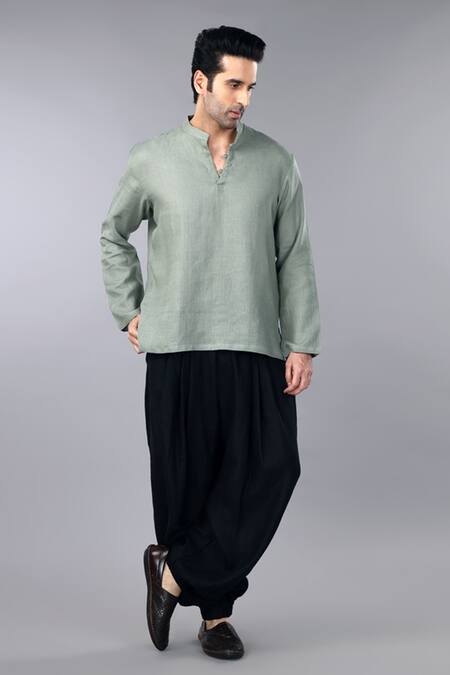Gothilo_Green Linen Sage Short Kurta _Online_at_Aza_Fashions