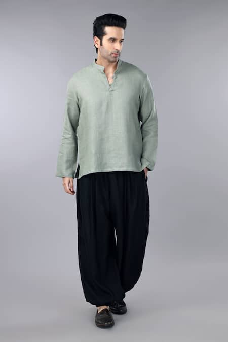 Buy_Gothilo_Green Linen Sage Short Kurta _Online_at_Aza_Fashions