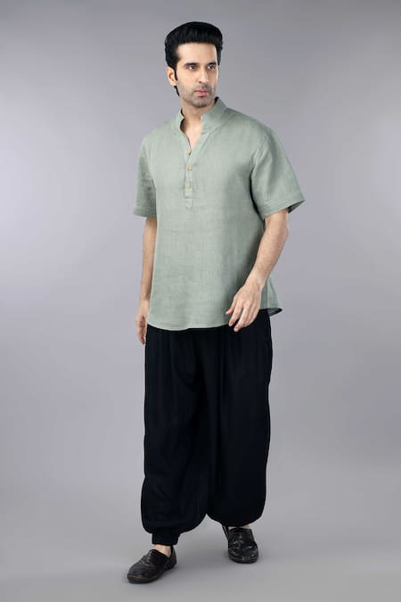 Shop_Gothilo_Green Linen Sage Short Kurta _Online_at_Aza_Fashions