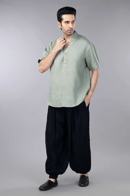 Gothilo_Green Linen Sage Short Kurta _at_Aza_Fashions