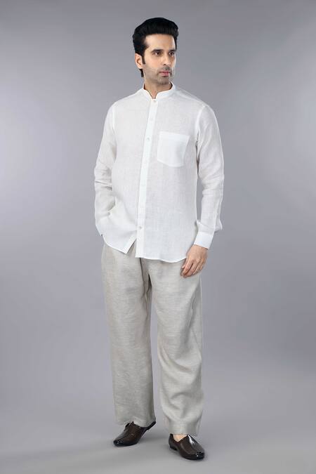 Gothilo_Ivory Linen Band Collar Shirt _Online_at_Aza_Fashions