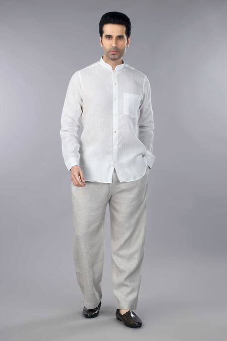 Buy_Gothilo_Ivory Linen Band Collar Shirt _Online_at_Aza_Fashions