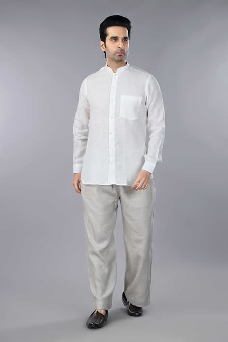 Gothilo Ivory Linen Band Collar Shirt 
