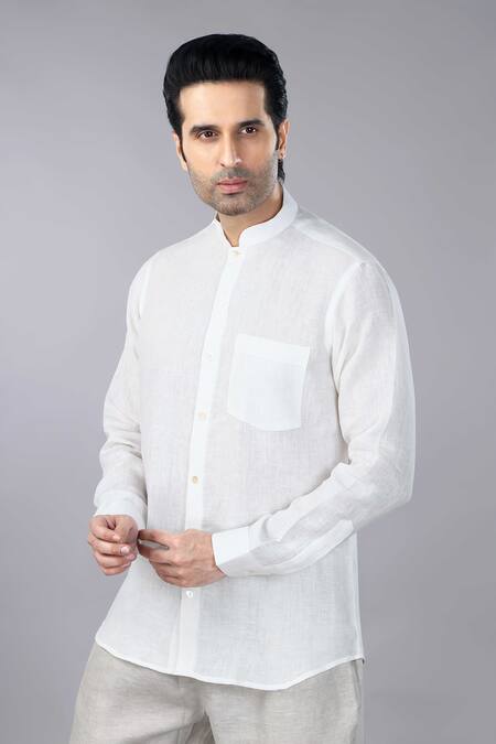 Shop_Gothilo_Ivory Linen Band Collar Shirt _Online_at_Aza_Fashions