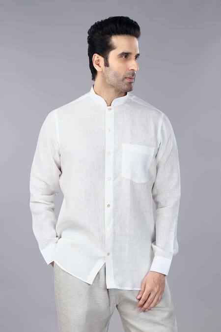 Gothilo_Ivory Linen Band Collar Shirt _at_Aza_Fashions