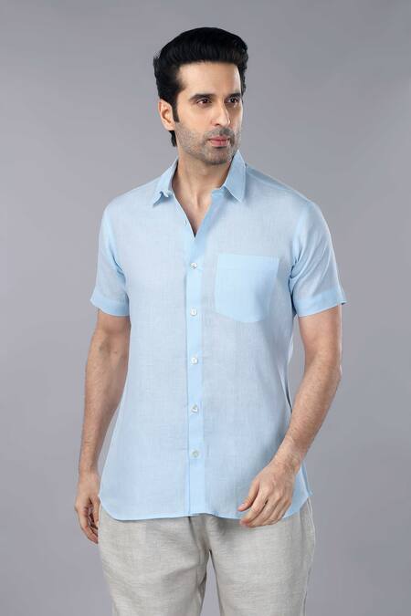 Gothilo_Blue Linen Iceberg Half Sleeves Shirt _Online_at_Aza_Fashions