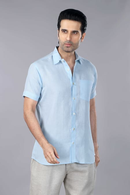 Shop_Gothilo_Blue Linen Iceberg Half Sleeves Shirt _Online_at_Aza_Fashions