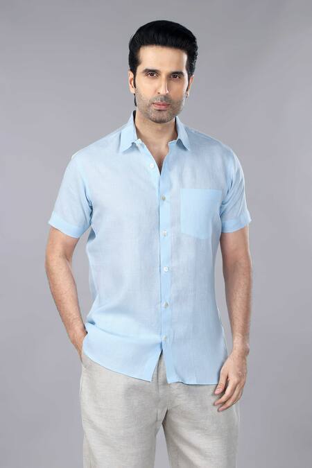 Gothilo_Blue Linen Iceberg Half Sleeves Shirt _at_Aza_Fashions
