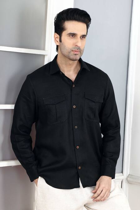 Buy_Gothilo_Black Linen Pitch Shirt And Natural Trouser Set _Online_at_Aza_Fashions