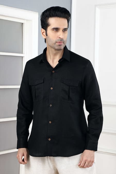 Gothilo_Black Linen Pitch Shirt And Natural Trouser Set _at_Aza_Fashions