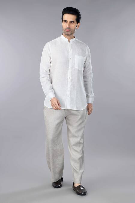 Gothilo_Ivory Linen Band Collar Shirt And Natural Trouser Set _Online_at_Aza_Fashions