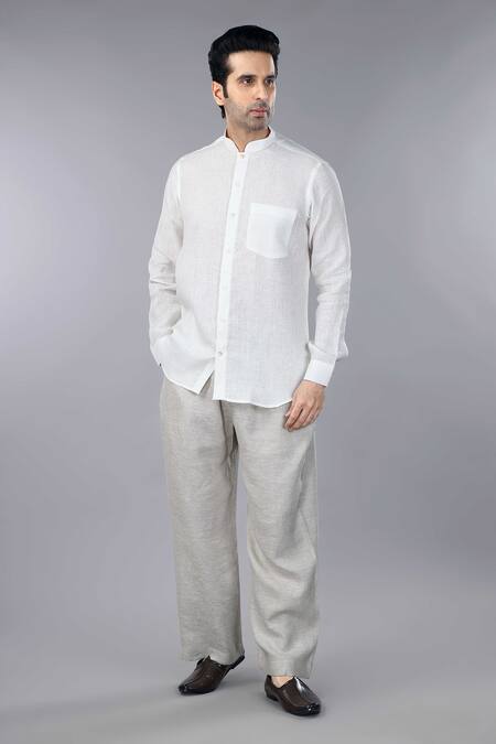 Buy_Gothilo_Ivory Linen Band Collar Shirt And Natural Trouser Set _Online_at_Aza_Fashions