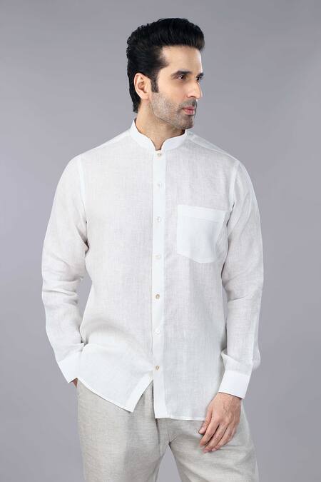 Shop_Gothilo_Ivory Linen Band Collar Shirt And Natural Trouser Set _Online_at_Aza_Fashions