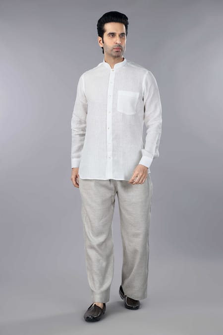 Gothilo Ivory Linen Band Collar Shirt & Natural Trouser Set 