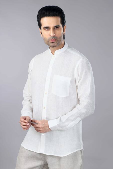 Gothilo_Ivory Linen Band Collar Shirt And Natural Trouser Set _at_Aza_Fashions