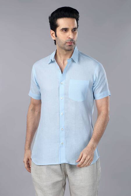 Gothilo_Blue Linen Iceberg Half Sleeves Shirt And Trouser Set _Online_at_Aza_Fashions