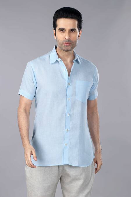 Buy_Gothilo_Blue Linen Iceberg Half Sleeves Shirt And Trouser Set _Online_at_Aza_Fashions