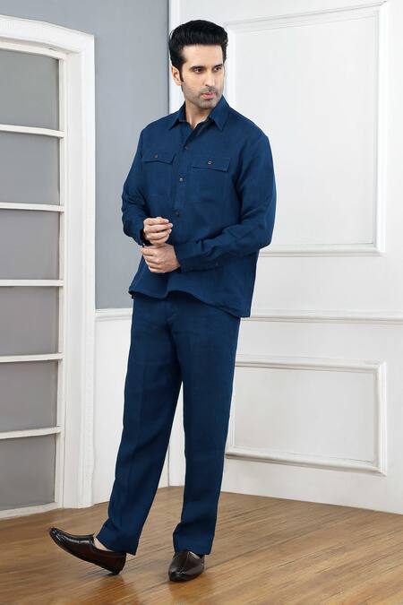 Shop_Gothilo_Blue Linen Indigo Shirt And Trouser Set _Online_at_Aza_Fashions