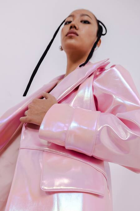 Buy_July Issue_Pink Faux Leather, Taffeta Square Neck, Metallic Long Jacket And Cut-out Dress _Online_at_Aza_Fashions