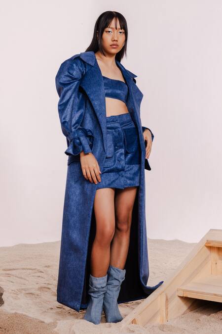 July Issue_Blue Velvet Sweetheart Neck Indigo Trench Coat Mini Skirt Set _Online_at_Aza_Fashions