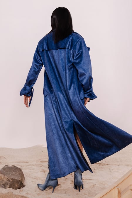 Shop_July Issue_Blue Velvet Sweetheart Neck Indigo Trench Coat Mini Skirt Set _at_Aza_Fashions