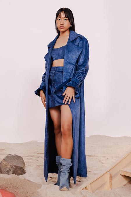 Buy_July Issue_Blue Velvet Sweetheart Neck Indigo Trench Coat Mini Skirt Set _Online_at_Aza_Fashions