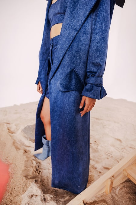 Shop_July Issue_Blue Velvet Sweetheart Neck Indigo Trench Coat Mini Skirt Set _Online_at_Aza_Fashions