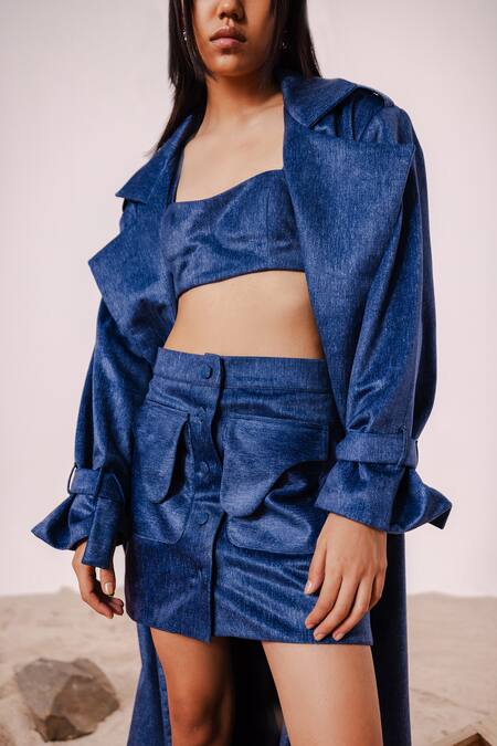 July Issue_Blue Velvet Sweetheart Neck Indigo Trench Coat Mini Skirt Set _at_Aza_Fashions