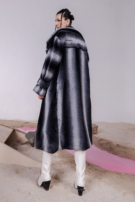 Shop_July Issue_Black Faux Leather, Crepe Leona Shaded Long Jacket And Asymmetric Slit Dress _at_Aza_Fashions