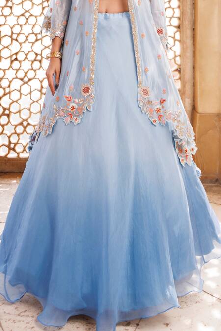 Vinita Bhansali Blue Organza, Gota Patti, Zari, Embroidery, Floral Fusion Lehenga Set Online at Aza Fashions Vinita Bhansali_Blue Organza, Gota Patti, Zari, Embroidery, Floral Fusion Lehenga Set _Online_at_Aza_Fashions