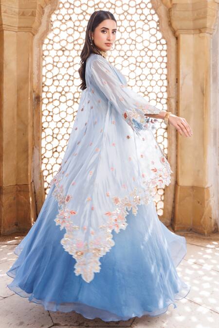 Buy Vinita Bhansali Blue Organza, Gota Patti, Zari, Embroidery, Floral Fusion Lehenga Set Online at Aza Fashions Buy_Vinita Bhansali_Blue Organza, Gota Patti, Zari, Embroidery, Floral Fusion Lehenga Set _Online_at_Aza_Fashions