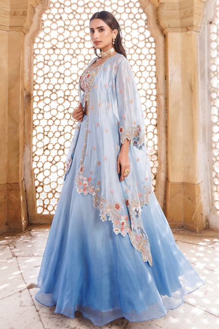 Shop Vinita Bhansali Blue Organza, Gota Patti, Zari, Embroidery, Floral Fusion Lehenga Set Online at Aza Fashions Shop_Vinita Bhansali_Blue Organza, Gota Patti, Zari, Embroidery, Floral Fusion Lehenga Set _Online_at_Aza_Fashions