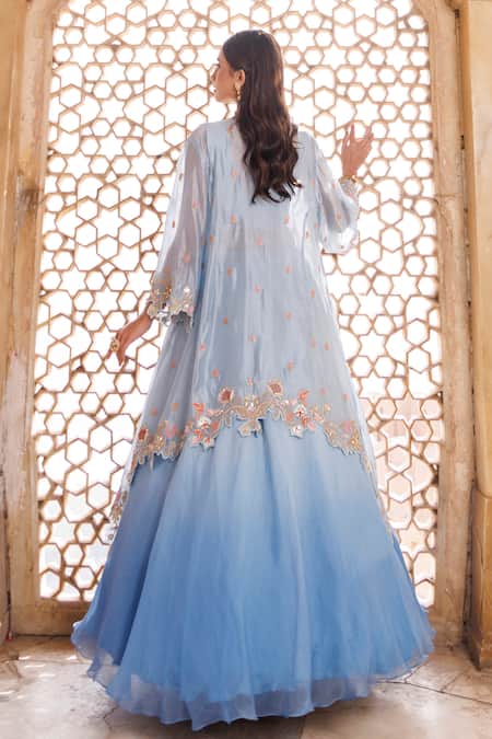 Shop Vinita Bhansali Blue Organza, Gota Patti, Zari, Embroidery, Floral Fusion Lehenga Set at Aza Fashions Shop_Vinita Bhansali_Blue Organza, Gota Patti, Zari, Embroidery, Floral Fusion Lehenga Set _at_Aza_Fashions