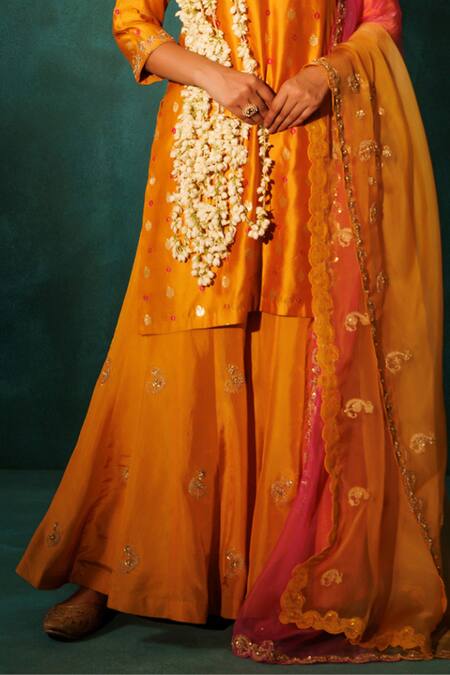 Vinita Bhansali Orange , Organza Sequins, Mirrors, Embroidery Elegant Gharara Set Online at Aza Fashions Vinita Bhansali_Orange , Organza Sequins, Mirrors, Embroidery Elegant Gharara Set _Online_at_Aza_Fashions