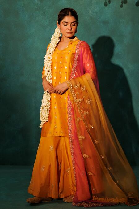 Vinita Bhansali Orange , Organza Sequins, Mirrors, Embroidery Elegant Gharara Set at Aza Fashions Vinita Bhansali_Orange , Organza Sequins, Mirrors, Embroidery Elegant Gharara Set _at_Aza_Fashions