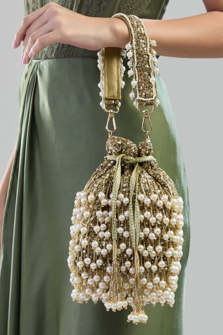 Shop_Aloha By PS_Gold Pearls, Sequins Embroidered Tasseled Potli_Online_at_Aza_Fashions