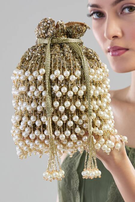 Aloha By PS_Gold Pearls, Sequins Embroidered Tasseled Potli_at_Aza_Fashions