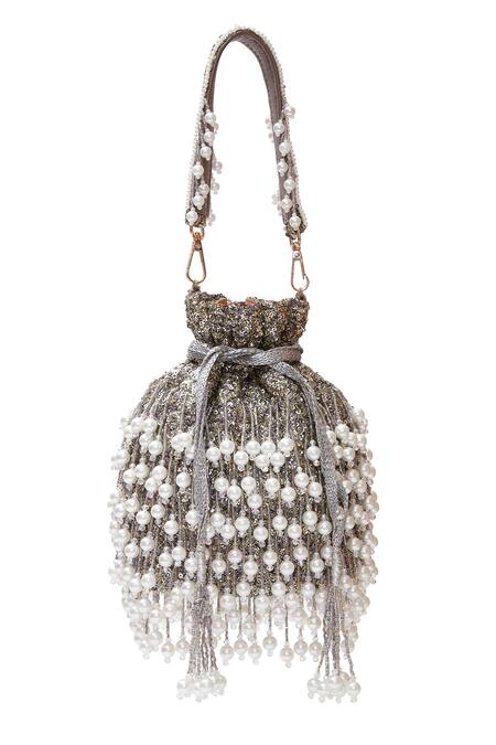 Buy_Aloha By PS_Silver Pearls, Sequins Embroidered Tassel Potli Bag_Online_at_Aza_Fashions
