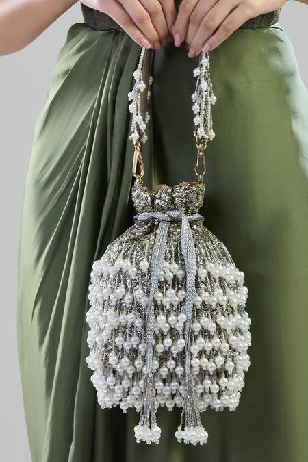 Shop_Aloha By PS_Silver Pearls, Sequins Embroidered Tassel Potli Bag_Online_at_Aza_Fashions
