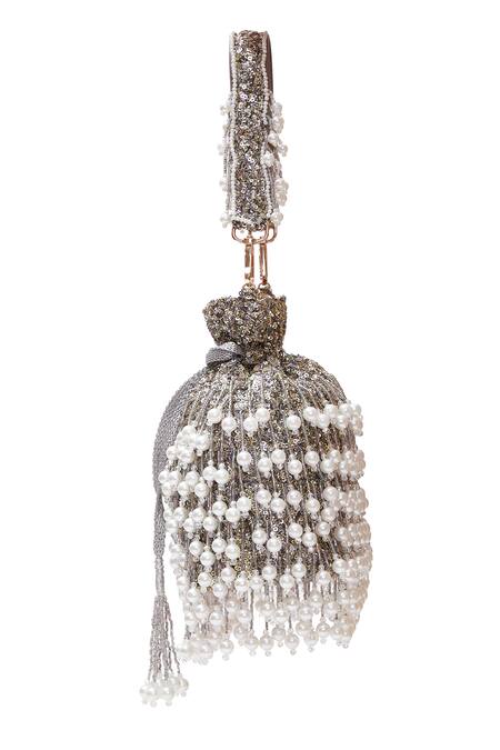 Aloha By PS_Silver Pearls, Sequins Embroidered Tassel Potli Bag_at_Aza_Fashions