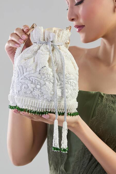 Aloha By PS_White Embroidery, Beads Potli Bag With Details_at_Aza_Fashions