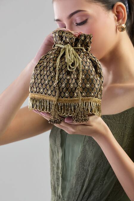 Aloha By PS_Black Embroidery, Beads Banarasi Potli Bag_Online_at_Aza_Fashions