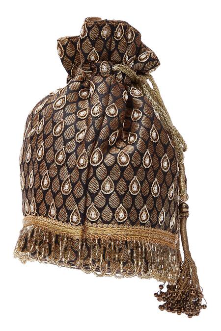 Shop_Aloha By PS_Black Embroidery, Beads Banarasi Potli Bag_Online_at_Aza_Fashions