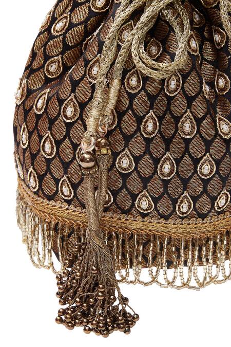 Aloha By PS_Black Embroidery, Beads Banarasi Potli Bag_at_Aza_Fashions