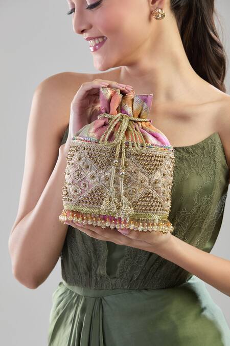 Aloha By PS Pink Embroidery, Beads Banarasi Potli Bag Online at Aza Fashions Aloha By PS_Pink Embroidery, Beads Banarasi Potli Bag_Online_at_Aza_Fashions