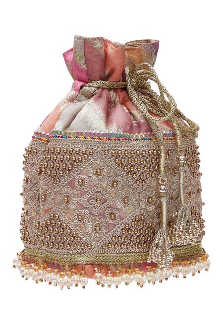 Shop Aloha By PS Pink Embroidery, Beads Banarasi Potli Bag Online at Aza Fashions Shop_Aloha By PS_Pink Embroidery, Beads Banarasi Potli Bag_Online_at_Aza_Fashions