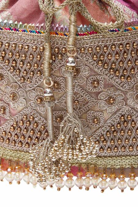 Aloha By PS Pink Embroidery, Beads Banarasi Potli Bag at Aza Fashions Aloha By PS_Pink Embroidery, Beads Banarasi Potli Bag_at_Aza_Fashions