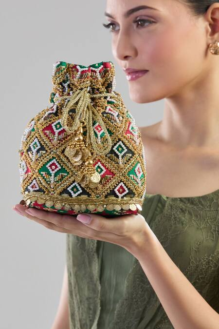 Aloha By PS_Multi Color Embroidery, Sequins Banarasi Hand Potli_Online_at_Aza_Fashions