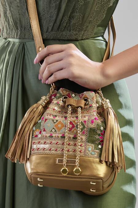Aloha By PS_Multi Color Embroidery, Fringe Bucket Bag_at_Aza_Fashions
